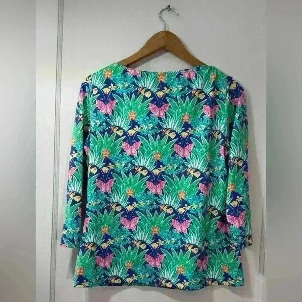 J. Mclaughlin Carly Catalina Blue Green Tropical Butterfly Boat Neck Shirt L - Picture 4 of 4